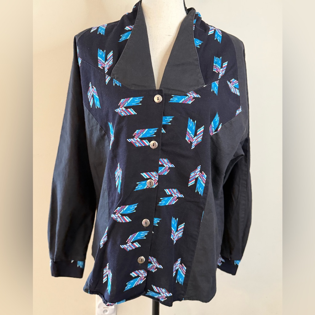 Ozark Mountain Vintage Country Western Black Teal Button Up Top Sz M